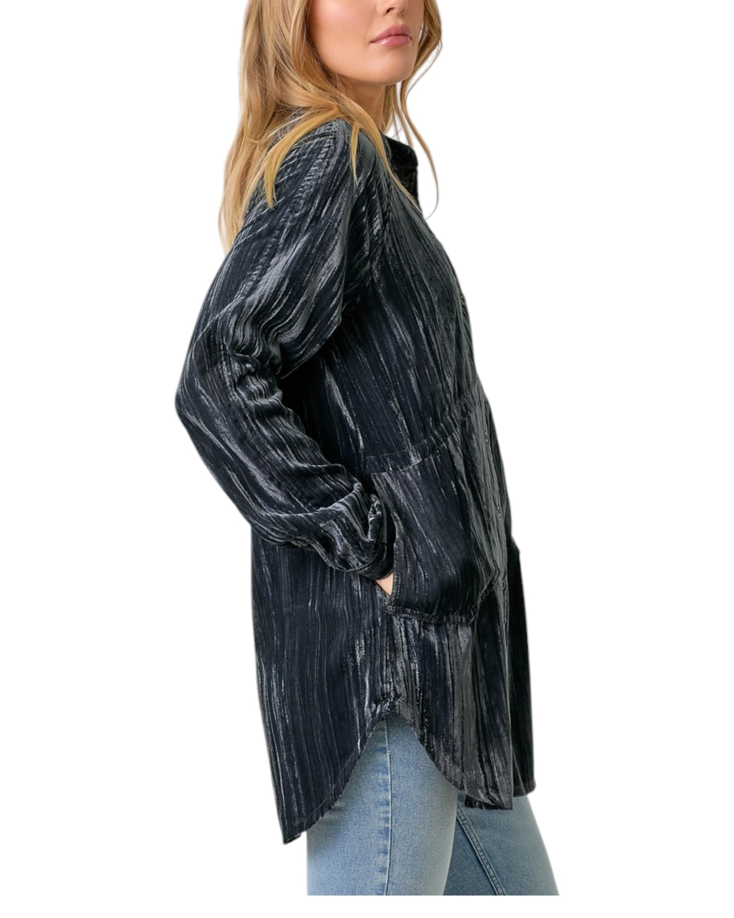 Woman wearing a Charcoal Velvet Long Sleeve Tunic Top.