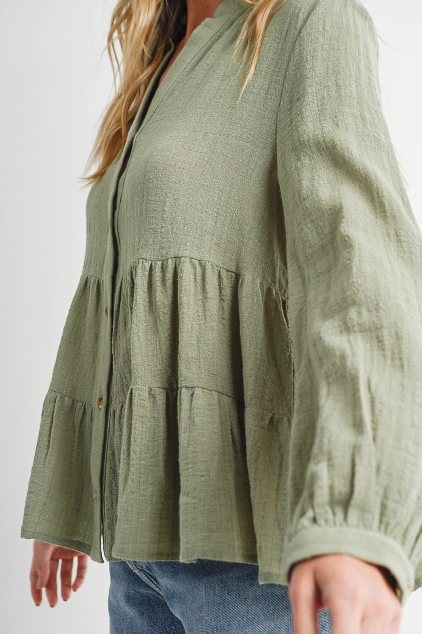 100% Cotton Sage Tiered Rustic Blouse
