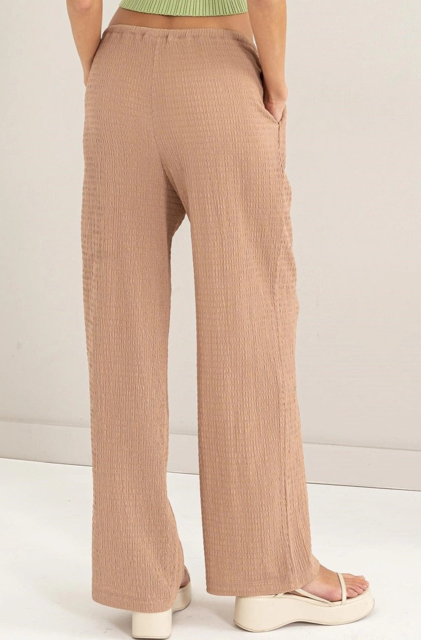 Tan Crinkle Knit Wide Leg Drawstring Pants