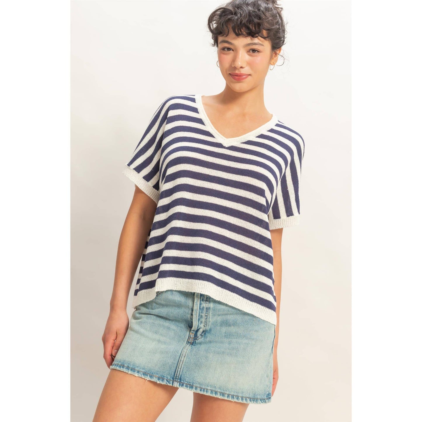 Navy & White Oversized Striped V-Neck