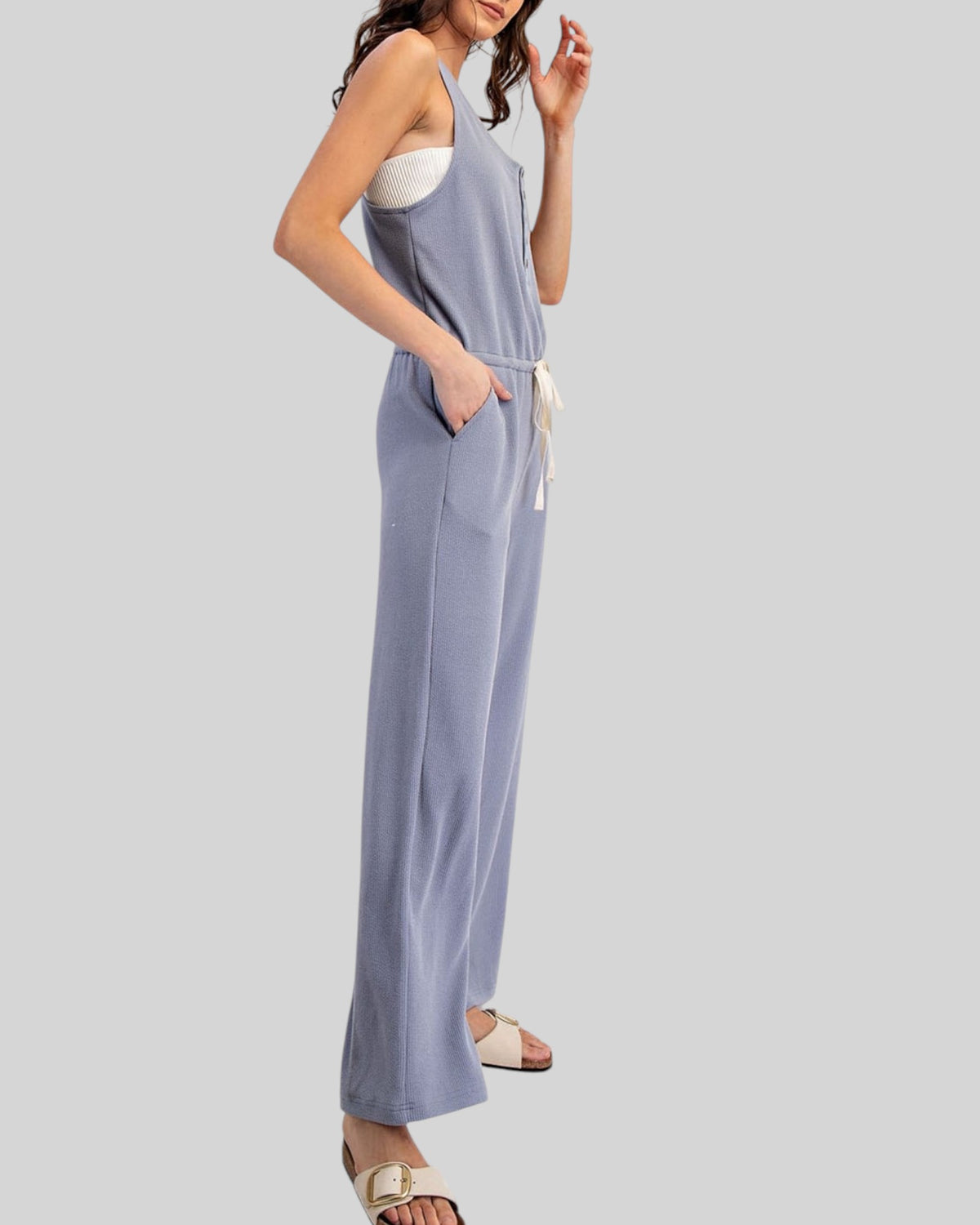 Blue Comfort Sleeveless Henley Jumpsuit
