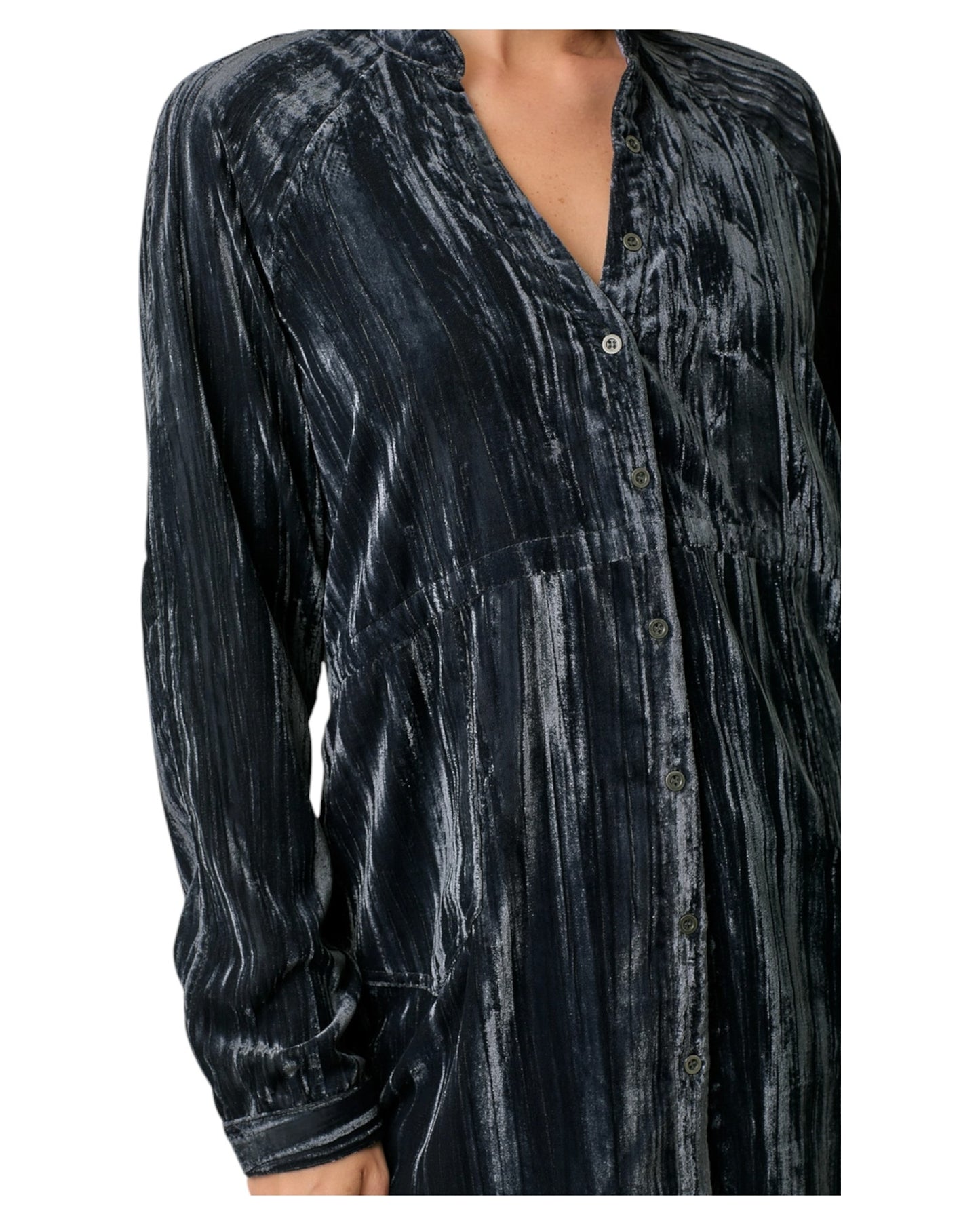 Woman wearing a Charcoal Velvet Long Sleeve Tunic Top.