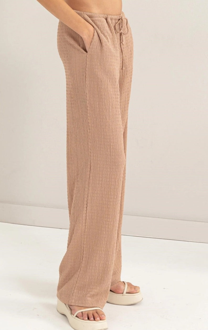Tan Crinkle Knit Wide Leg Drawstring Pants