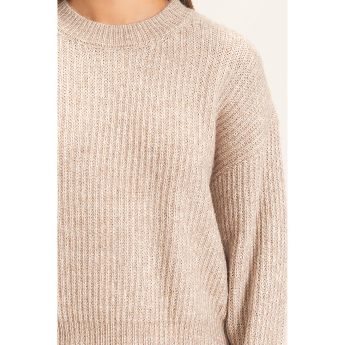 Heather Taupe Ribbed Crew Neck Sweater