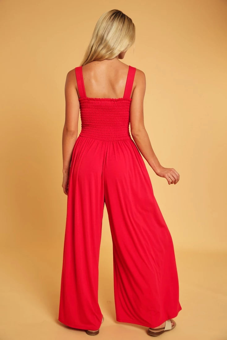 Casual Smocked Wide Leg Red Jumpsuit