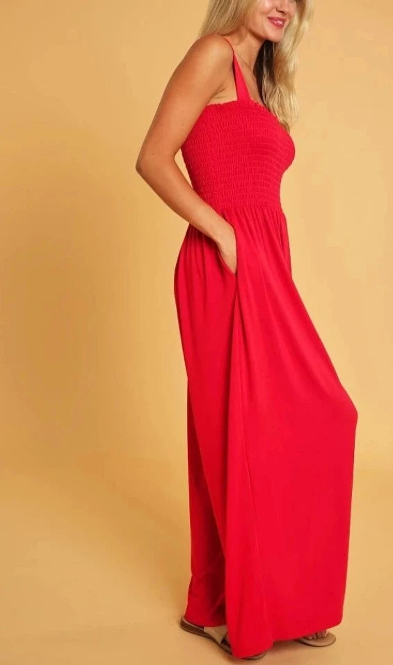 Casual Smocked Wide Leg Red Jumpsuit