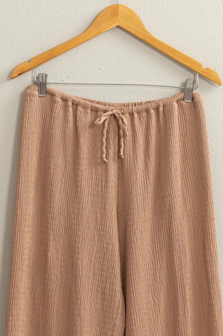 Tan Crinkle Knit Wide Leg Drawstring Pants