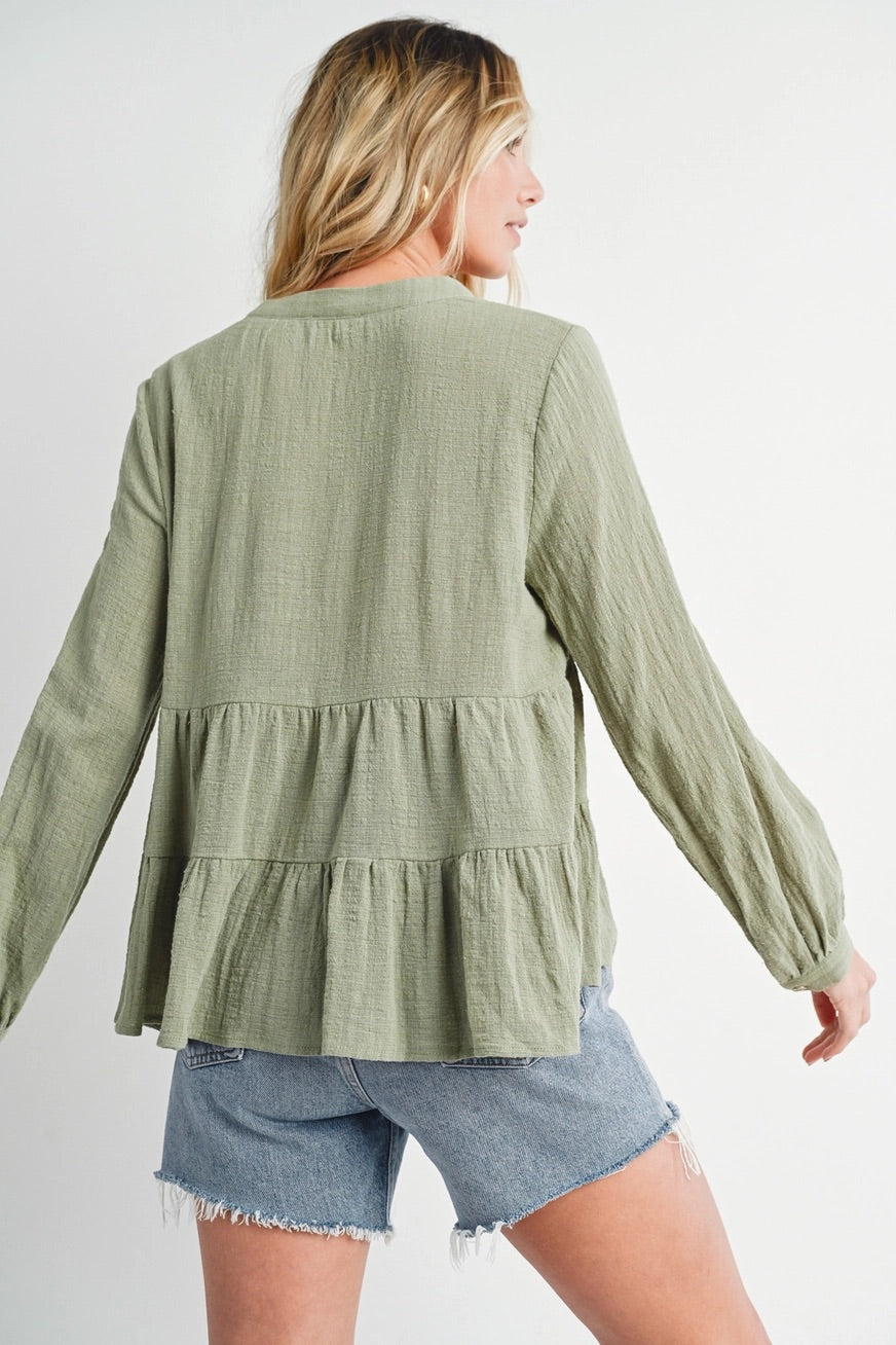 100% Cotton Sage Tiered Rustic Blouse