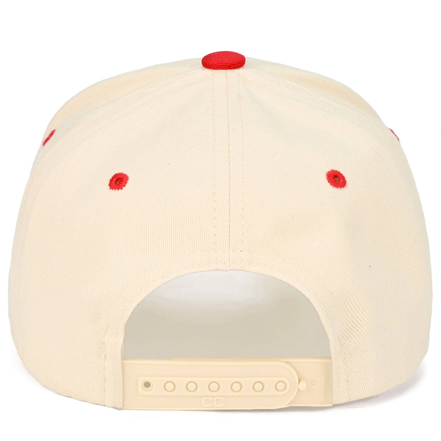 Back view of a Beige trucker hat with red accents on a white background.