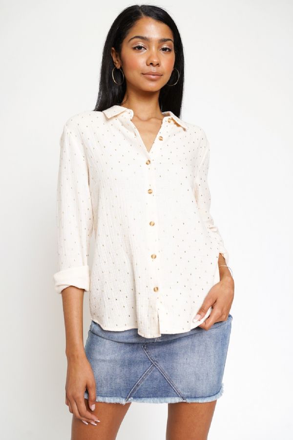 Midas Touch Cream & Gold Flecked Long Sleeve Button Up