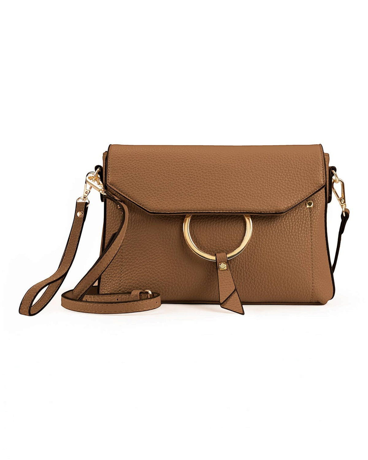 Deep Camel pebbled vegan leather crossbody with gold-tone ring, wristlet and shoulder strap.