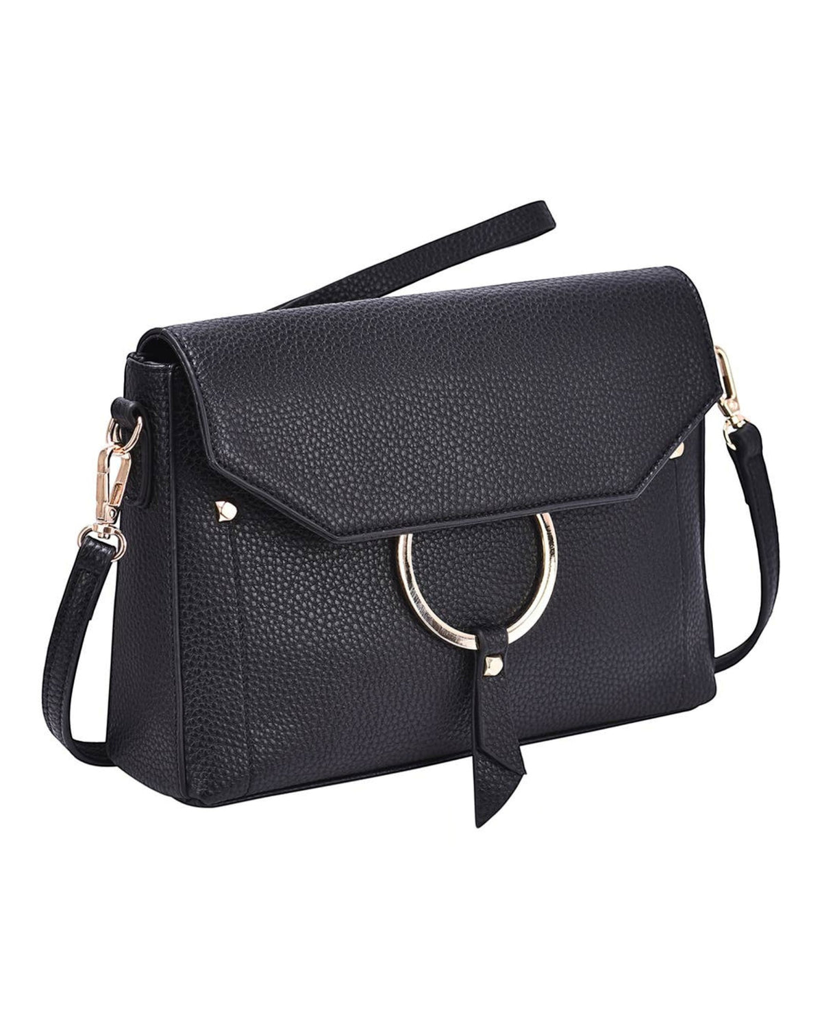 Angled view of black pebbled vegan leather crossbody with gold-tone ring
