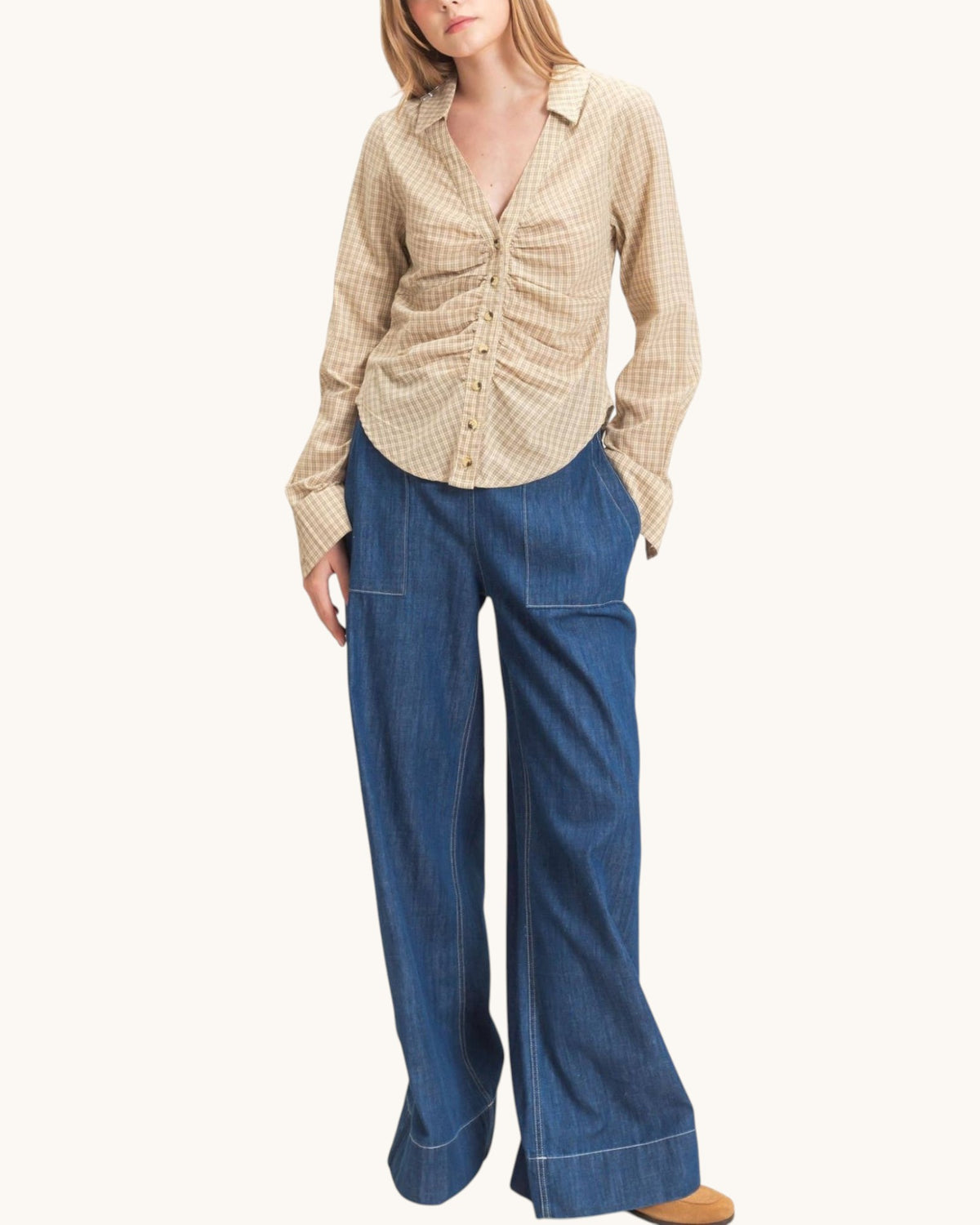 Countryside Ruched Plaid Button Up Blouse