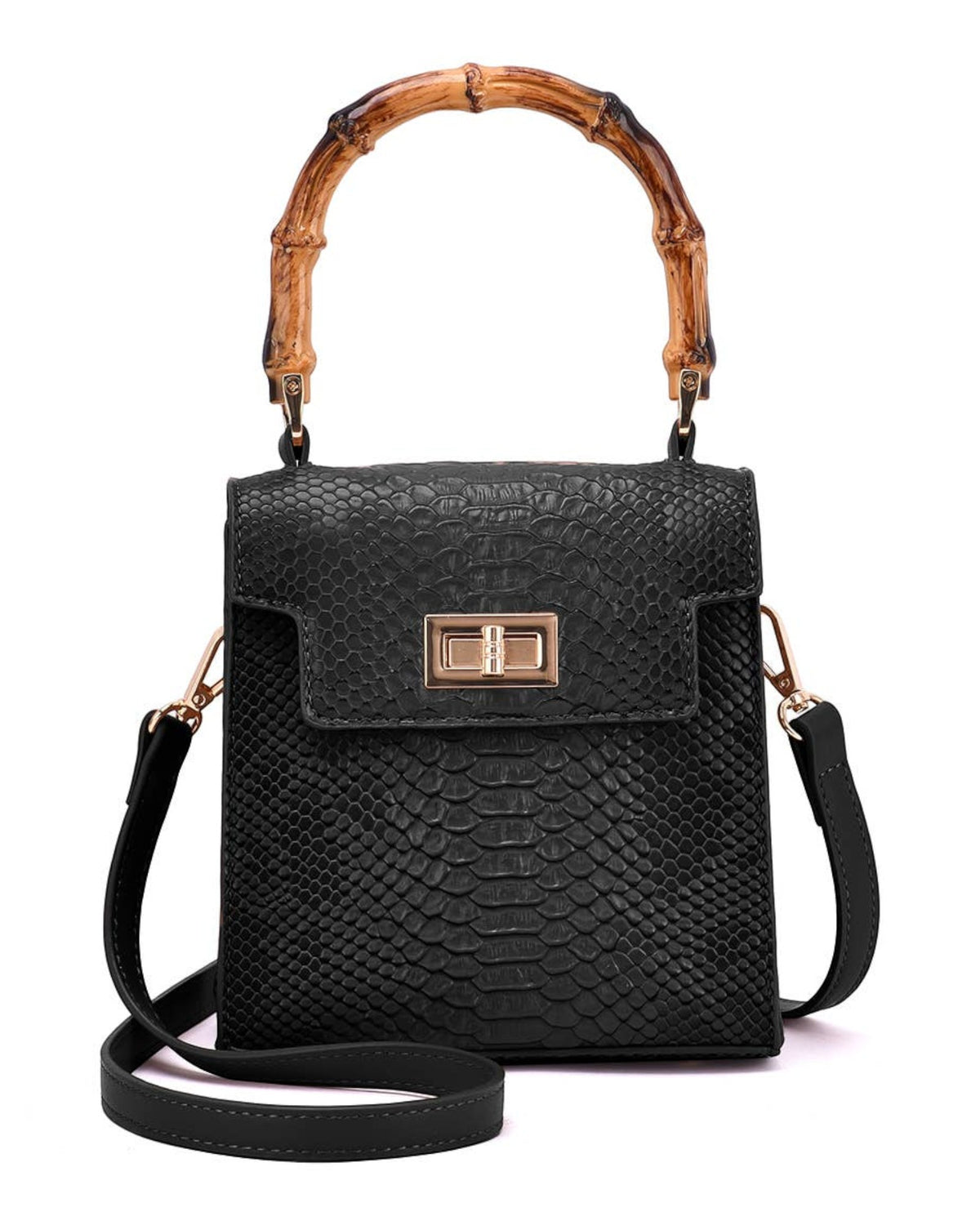 Faux Snakeskin Embossed Crossbody with Bamboo Handle (Black)