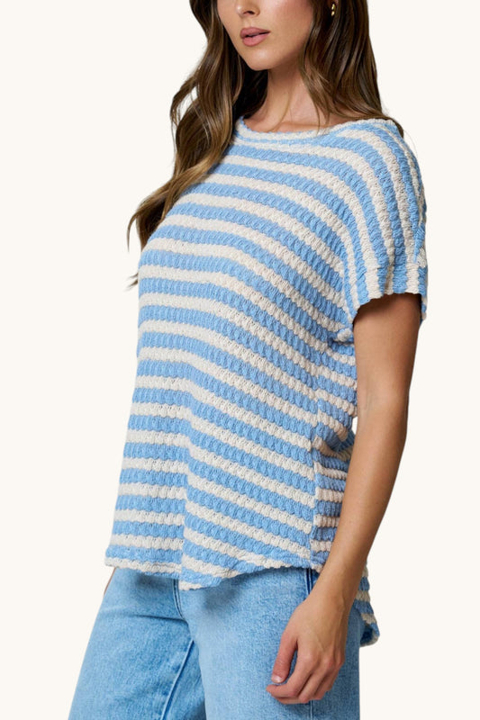Good Day Blue & Cream Textured Stripe Knit Top