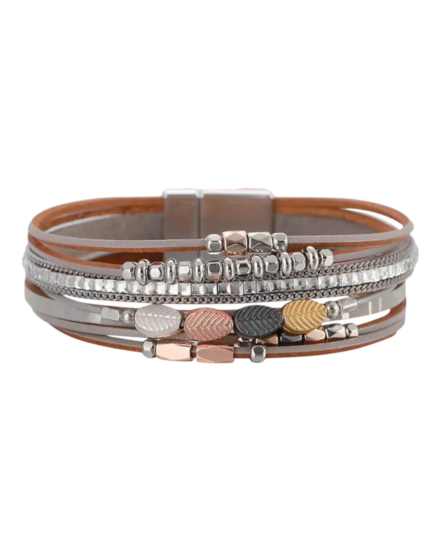 Grey Leaf Charm Leather and Stone Multi-Layer Bracelet