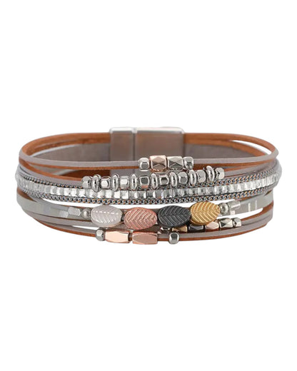 Grey Leaf Charm Leather and Stone Multi-Layer Bracelet