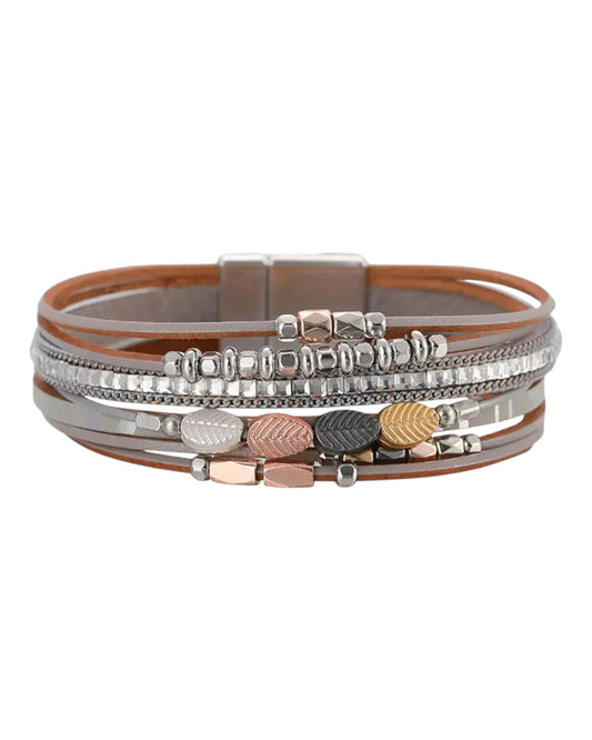 Grey Leaf Charm Leather and Stone Multi-Layer Bracelet
