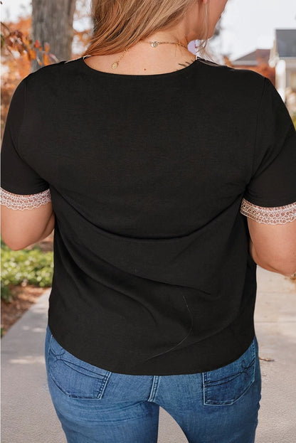 Short Sleeve Tan Lace & Black Curvy Top