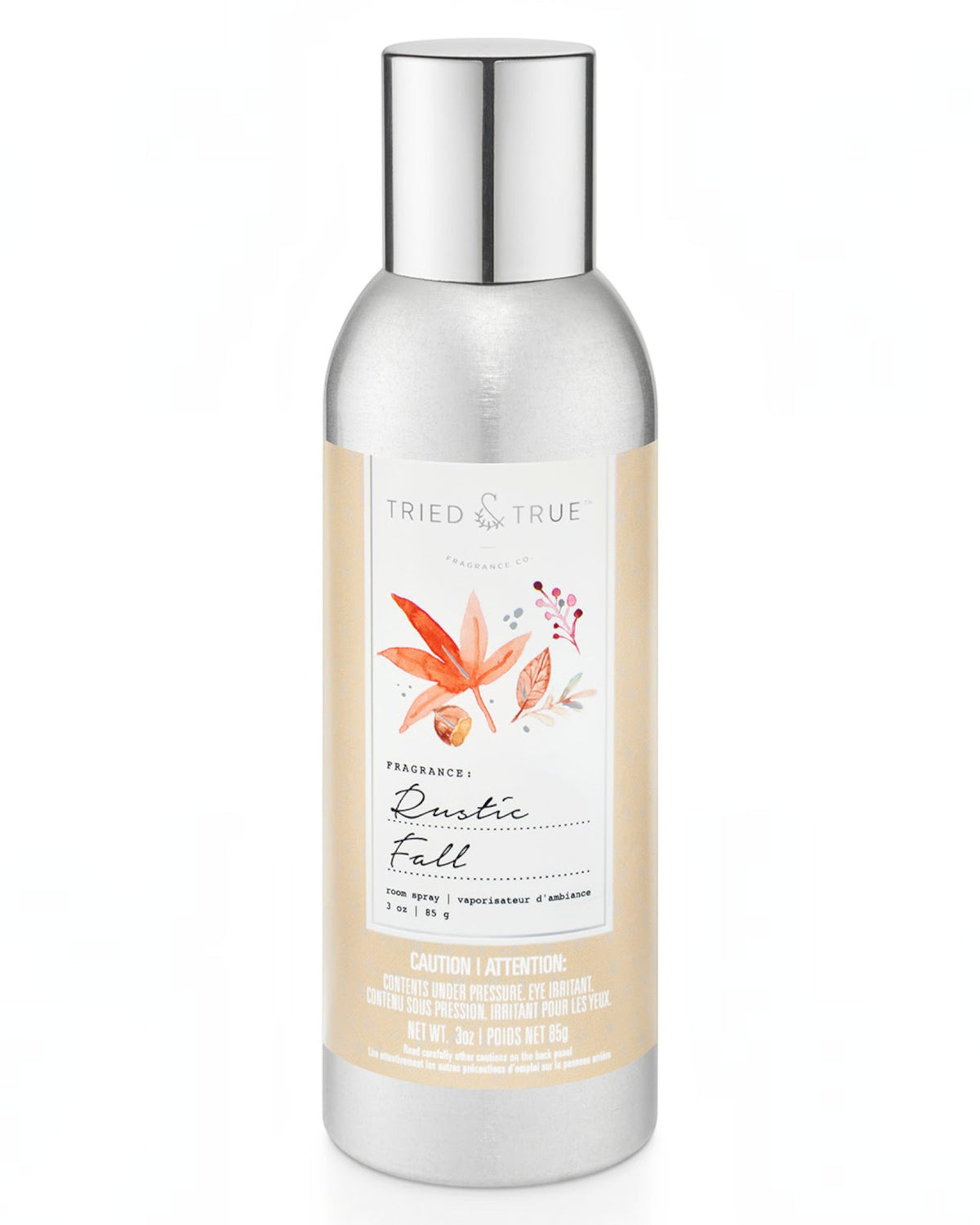 A 3 oz bottle of 'Rustic Fall' room spray, featuring a metallic silver cap and a beige label with orange and pink watercolor autumn leaves.