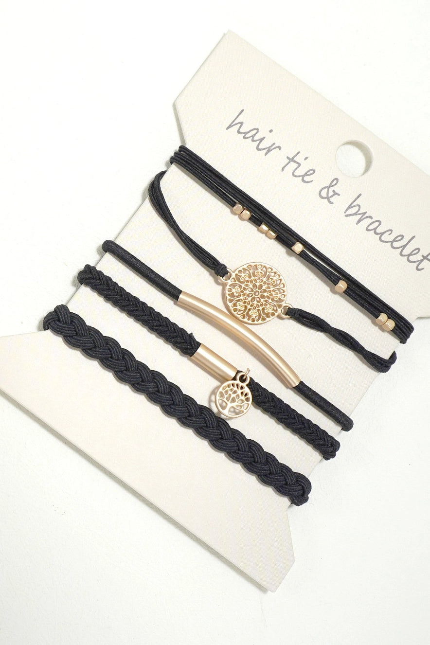 Boho dual-function bracelet hair ties with gold plating, designed for use as both a stylish wrist accessory and a gentle hair tie.