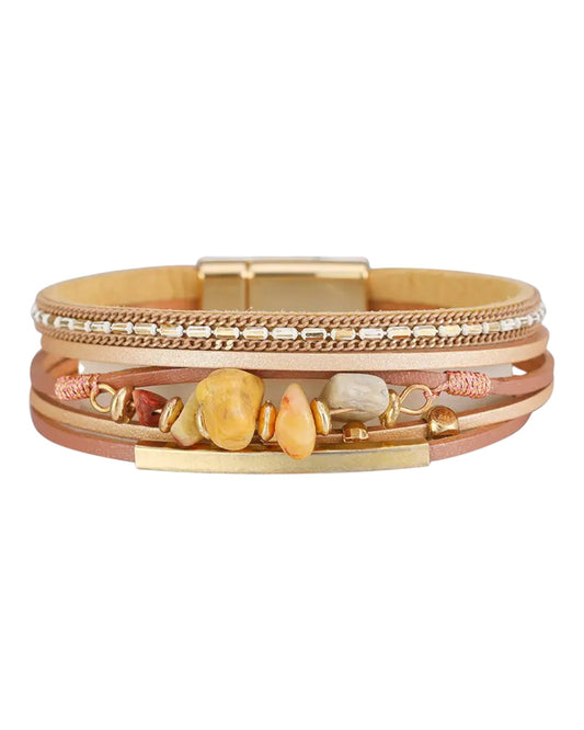 Tan Boho Natural Stone & Leather Woven Bracelet