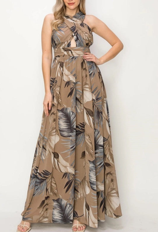 Moody Taupe & Blue Floral Chiffon Maxi Dress