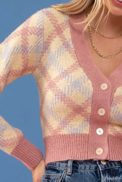 Cozy Cropped Pink Plaid Soft Cardigan