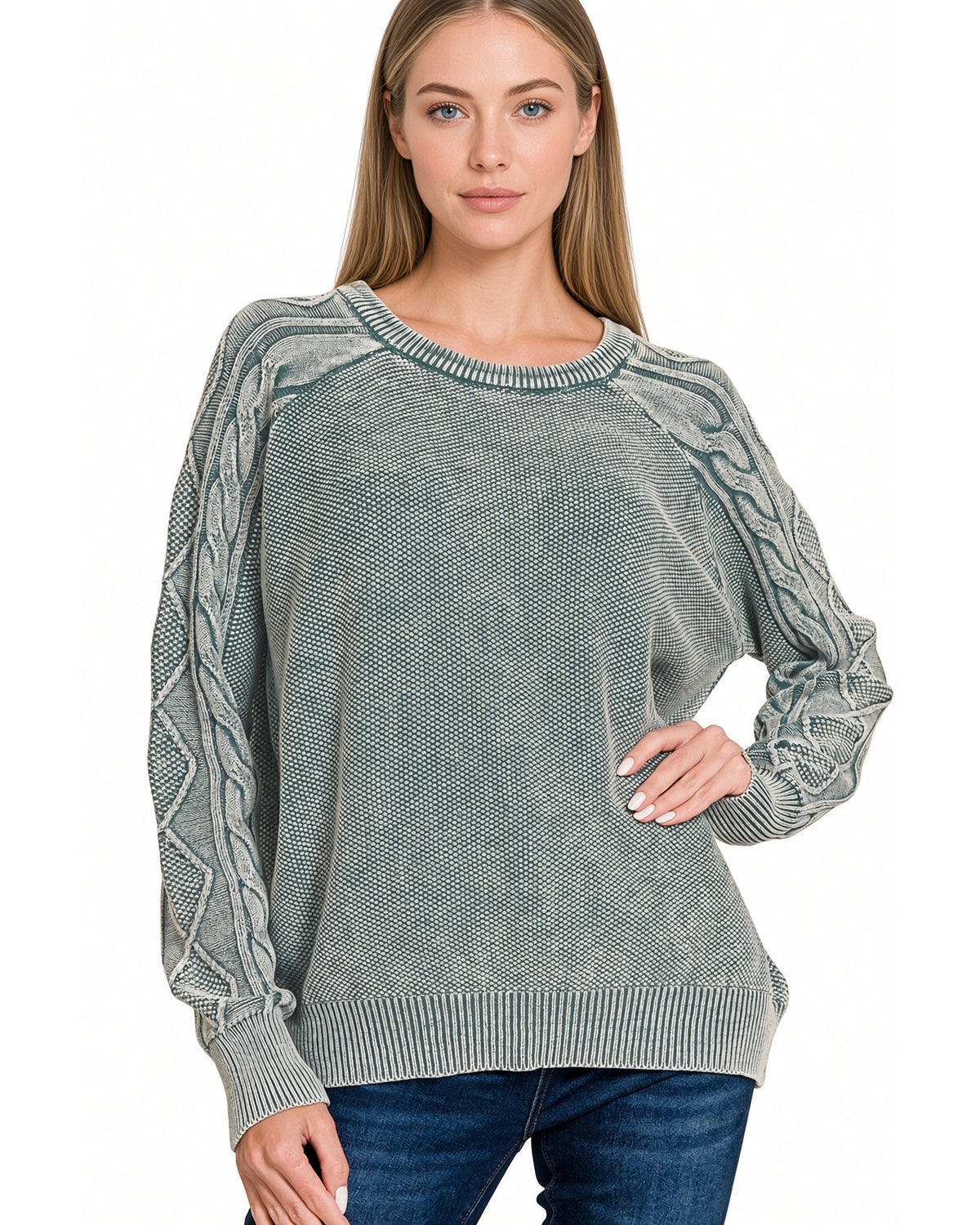 Ash Jade Stonewashed 100% Cotton Cable Knit Sweater