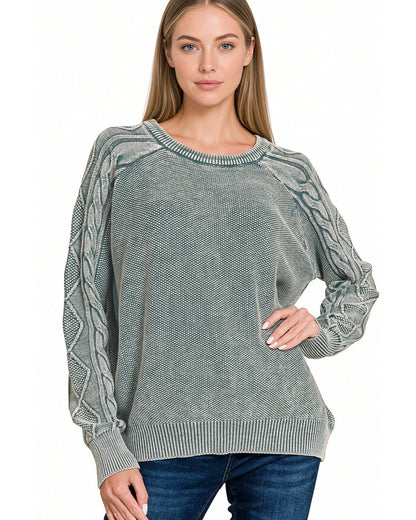 Ash Jade Stonewashed 100% Cotton Cable Knit Sweater