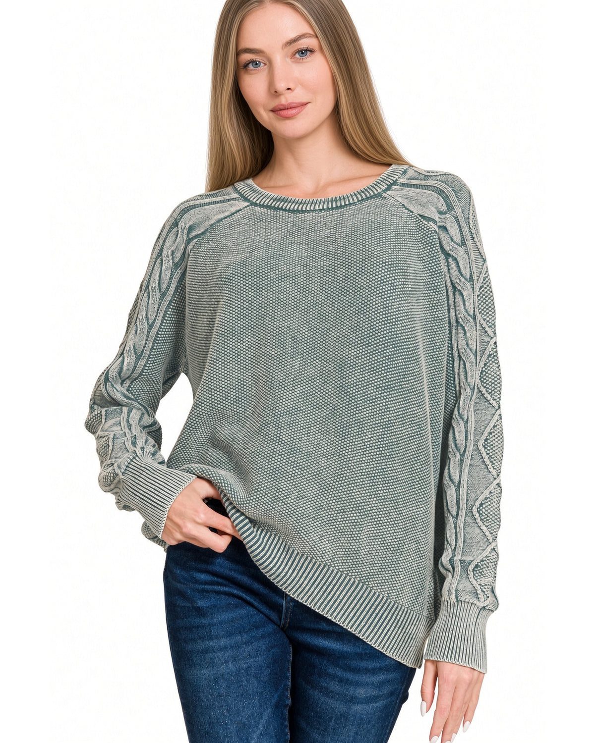 Ash Jade Stonewashed 100% Cotton Cable Knit Sweater