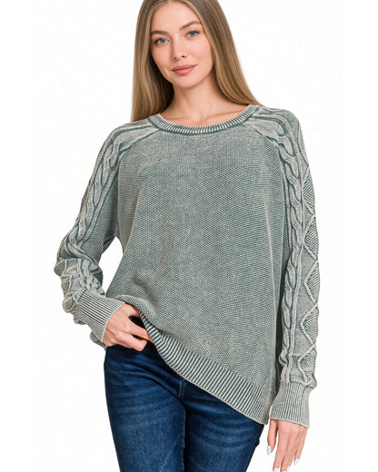 Ash Jade Stonewashed 100% Cotton Cable Knit Sweater