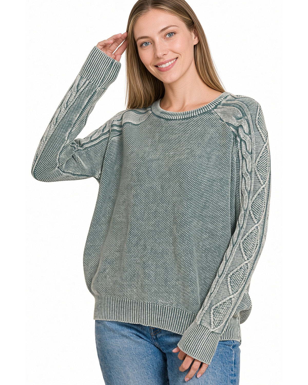 Ash Jade Stonewashed 100% Cotton Cable Knit Sweater