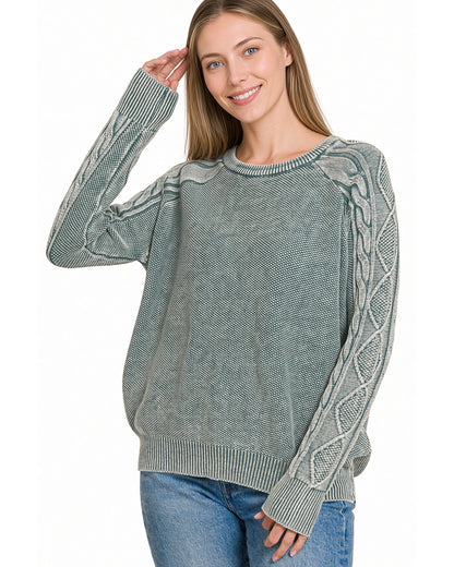 Ash Jade Stonewashed 100% Cotton Cable Knit Sweater