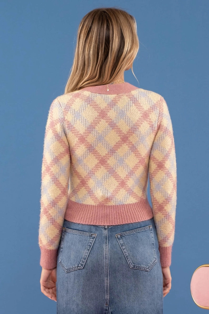 Cozy Cropped Pink Plaid Soft Cardigan