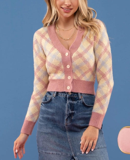 Cozy Cropped Pink Plaid Soft Cardigan