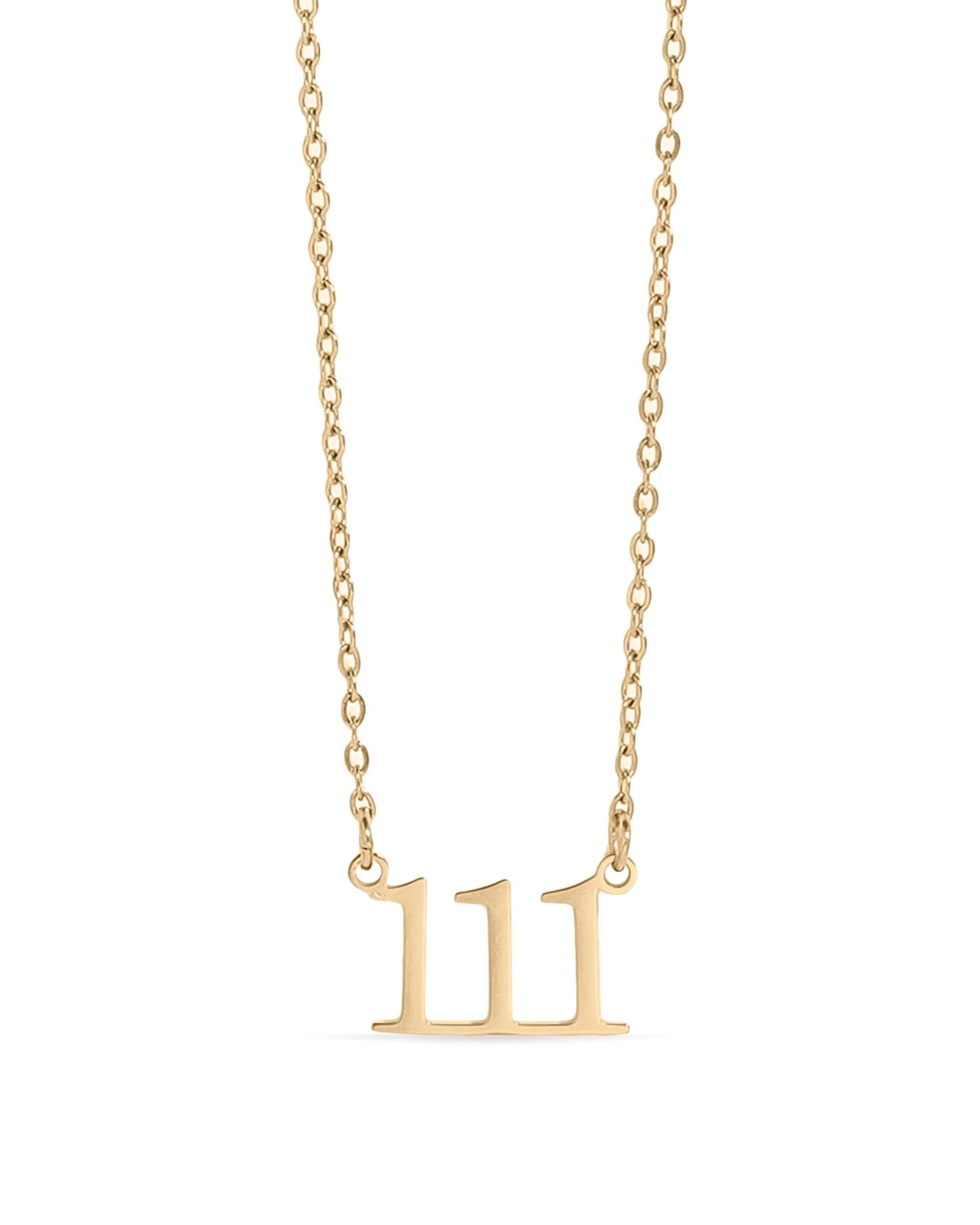 Gold waterproof necklace with the number '111' pendant on a white background.