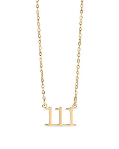 Gold waterproof necklace with the number '111' pendant on a white background.