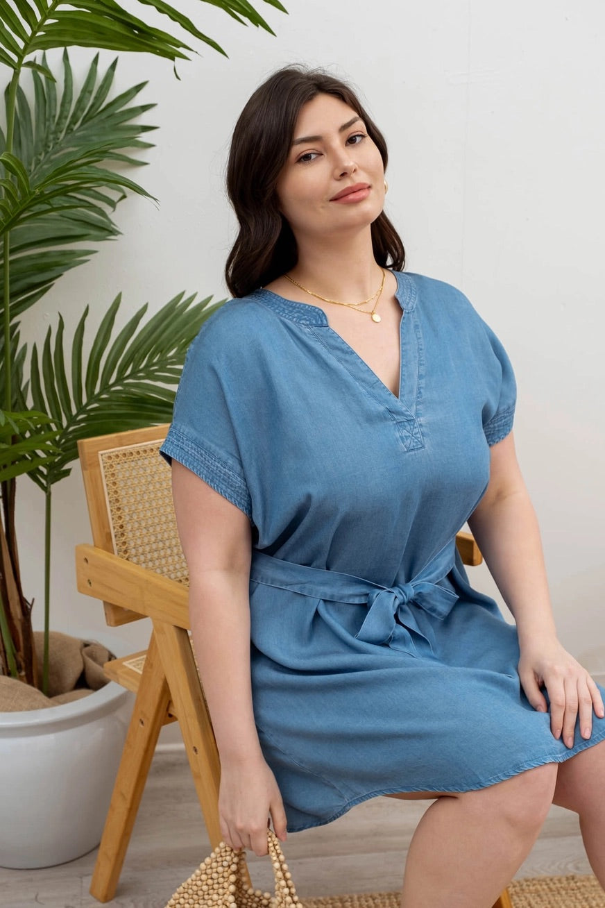 Blue For You Chambray Curvy Belted Dress