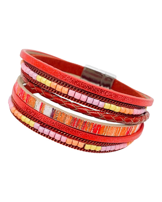 Red Boho Woven Leather and Bead Bracelet