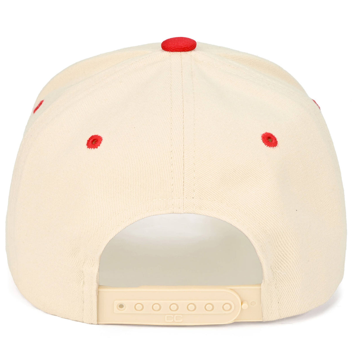 Beige cap with red accents on a white background.