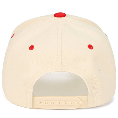 Beige cap with red accents on a white background.