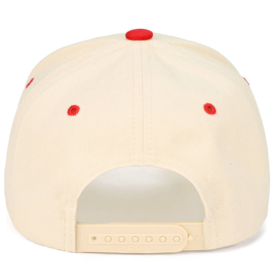 Beige cap with red accents on a white background.