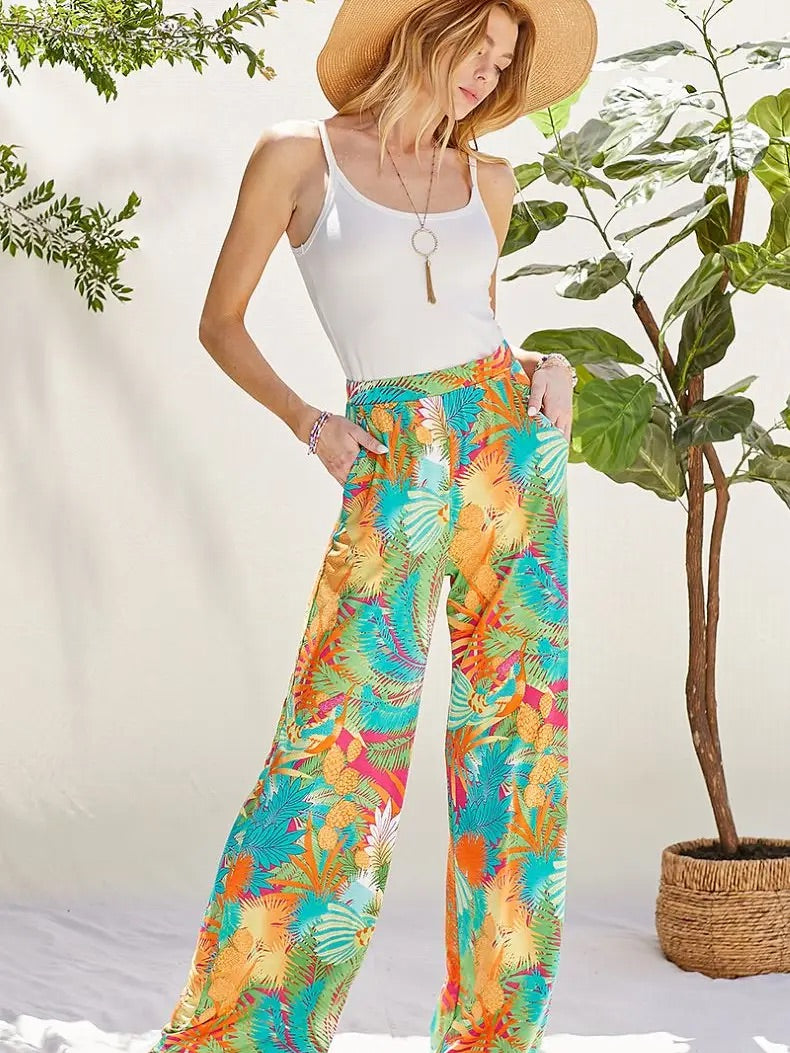Multi-Color Tropical Print High Waisted Palazzo Pant