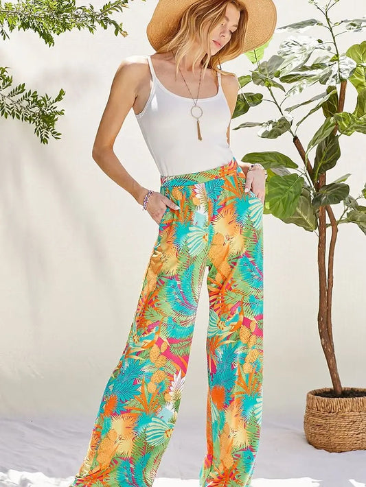 Multi-Color Tropical Print High Waisted Palazzo Pant