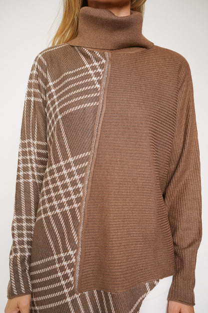 Checkered Coffee Asymmetrical Turtleneck Sweater