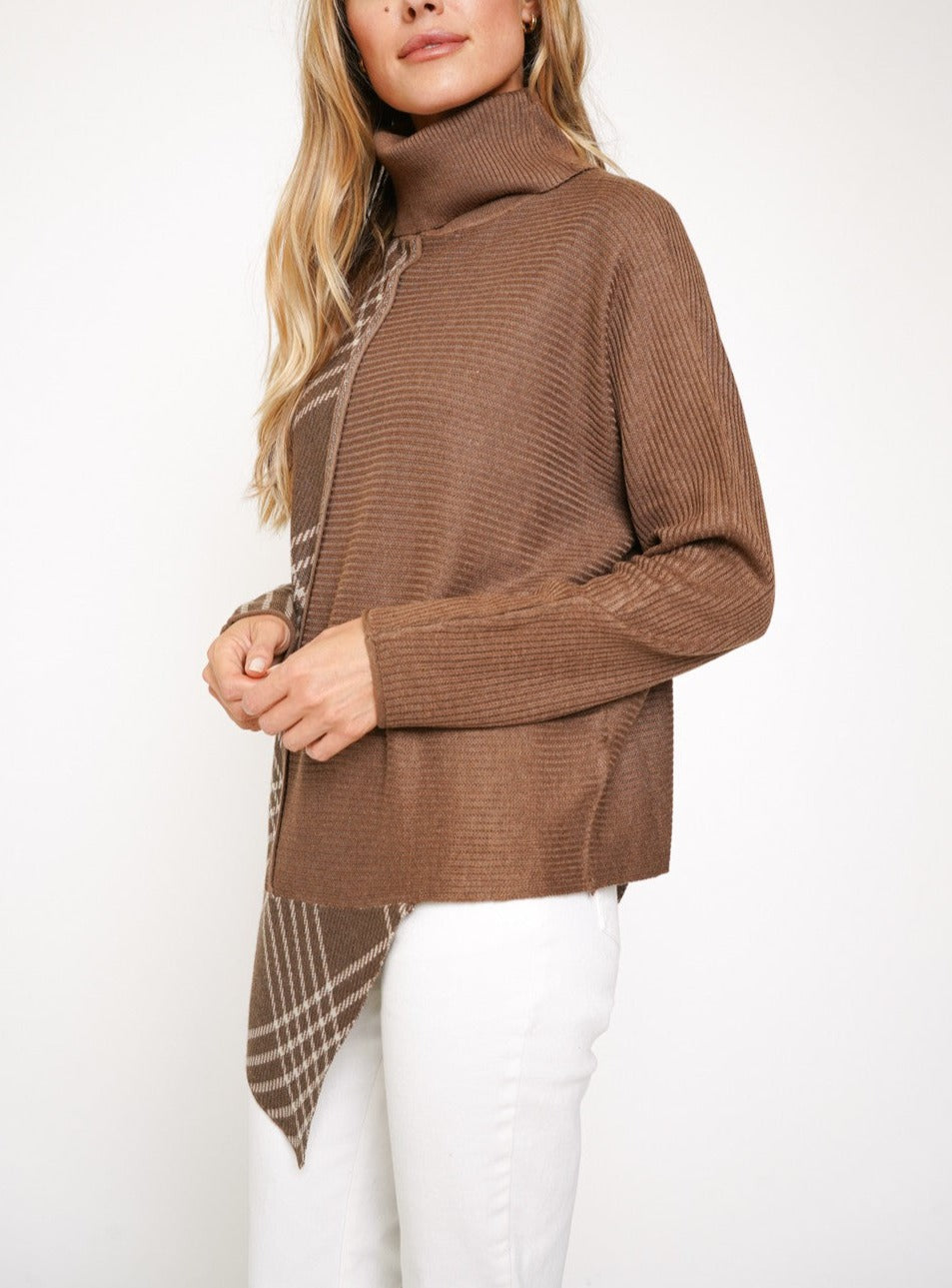 Checkered Coffee Asymmetrical Turtleneck Sweater