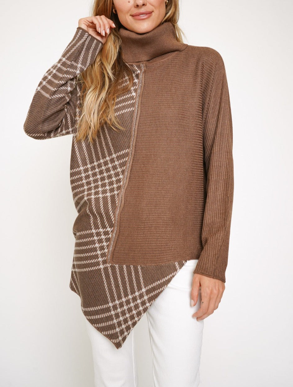 Checkered Coffee Asymmetrical Turtleneck Sweater