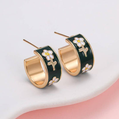 Garden Meadow Enamel Huggie Hoop Earrings (Green)
