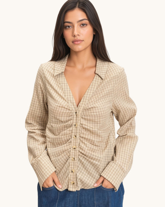 Light beige plaid button up top with v-neckline and ruching.